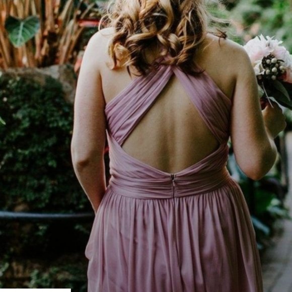 David's Bridal Quartz Long Mesh Criss Cross Back Bridesmaid Dress - Picture 9 of 13